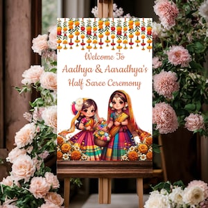 Hermanas Half Saree invita y cartel de Langa Voni, signo de bienvenida Half Saree como función Voni, tablero de letreros Pavadai Dhavani, función Twins Saree, Guny
