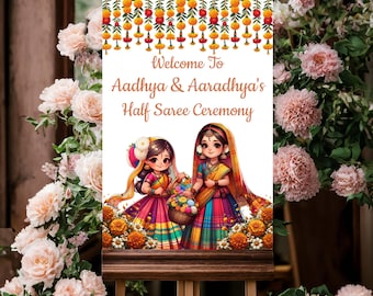 Sisters Half Saree invites & Langa Voni Poster,Welcome sign Half Saree as Voni function,Pavadai Dhavani sign board,Twins Saree function,Guny