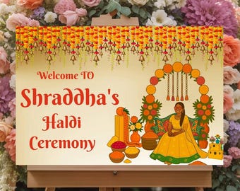 Välkomstskylt för Haldi-ceremoni: Indisk bröllopsdekoration (digital nedladdning, 24x36")