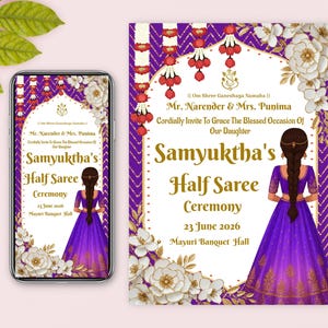 May include: An invitation for a Half Saree Ceremony, featuring a purple and gold design. The invitation includes the names Mr. Narender & Mrs. Punima, and the date June 23, 2026. The design includes floral accents and a stylized illustration.