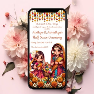 Convites para irmãs digitais Half Saree e convites Langa Voni, convites eletrônicos para função Half Saree como Voni, convite Digital Pavadai Dhavani