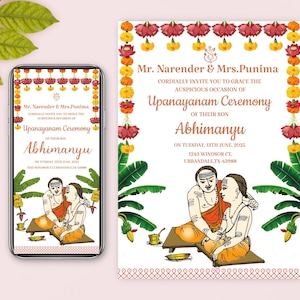 May include: An invitation to an Upanayanam Ceremony for Abhimanyu, son of Mr. Narender and Mrs. Punima. The invitation features a traditional Indian design with floral garlands and banana leaves. The ceremony will take place on Tuesday, 18th June, 2025 at 1243 Windsor Ct, Urbandale, TX 43988.