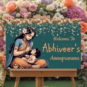 Yashoda und Krishna Annaprashana unterzeichnen die erste Reisessenzeremonie, Mukhebhat Willkommensschild annaprashana Banner Baby Reisfütterung als Paasni Zeichen
