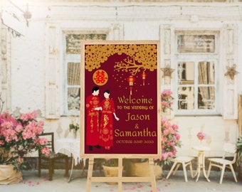 May include: A red and gold wedding welcome sign with a traditional Chinese couple in red and gold clothing. The sign says "Welcome to the wedding of Jason & Samantha October 23rd 2023".
