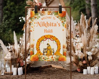 Välkomstskylt för bröllop vid Haldi-ceremoni, utskrivbar indisk bröllopsskylt för omedelbar nedladdning, Haldi-dekor för hinduisk bröllopsceremoni