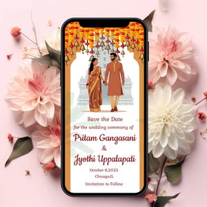 Cartão de reserva de data com casal indiano tradicional | Cartão de convite de casamento com esboço de templo Casal de noivos românticos | Convite digital elegante