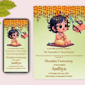 Mobiele uitnodiging voor babymeisje Mundan-ceremonie, Mundan-uitnodigingskaart, Indiase Mundan-ceremonie uitnodigen, Instant Download uitnodiging