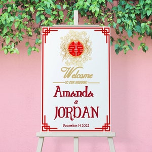 Chinese wedding sign printable digital template, Mandarin wedding welcome sign for chinese wedding ceremony, Double Happiness wedding sign