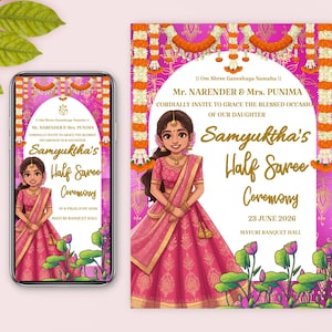 Puede incluir: Una invitación rosa y dorada para una ceremonia de medio sari. La invitación presenta una ilustración de dibujos animados de una joven que lleva un sari rosa y dorado. El texto de la invitación dice "Ceremonia del medio sari de Samyuktha" e incluye la fecha y la ubicación del evento.