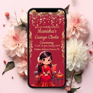 May include: A digital invitation for a Gunyo Cholo ceremony. The invitation features a cartoon illustration of a woman in a red sari, sitting on a chair. The text reads "You are cordially invited to Manisha's Gunyo Cholo Ceremony 11 AM, 18 June Sunday 2024 Dolphin clubhouse, Fairview, IX."