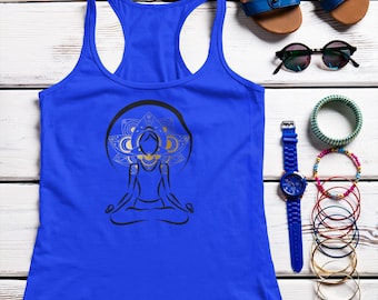 Lotus Pose Tank Top: Meditating Woman, Golden Mandala, Yoga Racerback