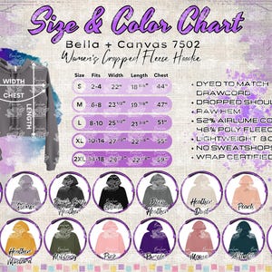 Sudadera corta con capucha de polar Bella + Canvas 7502 para mujer. Tabla de tallas y colores. Descarga instantánea. Archivo digital para vendedores de Etsy. Tabla hecha a mano.