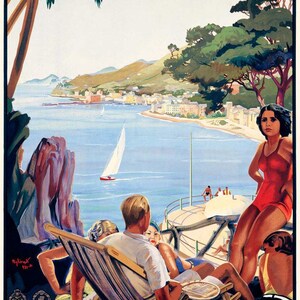 May include: Vintage travel poster advertising Santa Margherita Ligure, Italy. The poster features a colourful illustration of a seaside town with a sailboat in the water, palm trees, and people relaxing on a terrace overlooking the water. The text on the poster reads "Santa Margherita Ligure" and "Barabino & Graeve-Genova".
