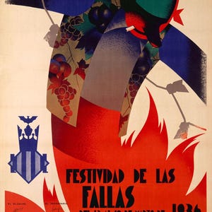 May include: A vintage poster advertising the Festividad de las Fallas festival in Valencia, Spain. The poster features a stylised figure with a red face and green hat, holding a bunch of grapes. The text on the poster reads "Festividad de las Fallas del 13 al 19 de Marzo de 1936 Valencia."