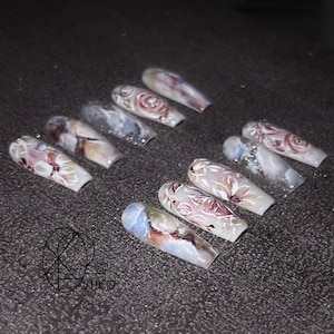 Hand painted floral press-on nails. application kit included. ready to wear. Nail art. Butterfly. floral design. Luxury Wedding nails