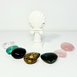 Roman Column Clam Shell Mini Crystal Holder | White Stone Look Pedestal Display with Antique Era Vibes | Made to Order | Choose Your Pebble