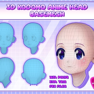 May include: A 3D model of a cartoon anime head base mesh. The model is shown from different angles, including front, side, and back views. The model has 1634 polygons and 3104 triangles. The model is available in FBX format.
