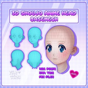 3D Shoujo Anime-huvud Basemesh + Blendshapes / Färdigt kvinnligt VTuber-anpassningsbart ansikte / VRChat digital nedladdning / Blender Maya 3ds Max