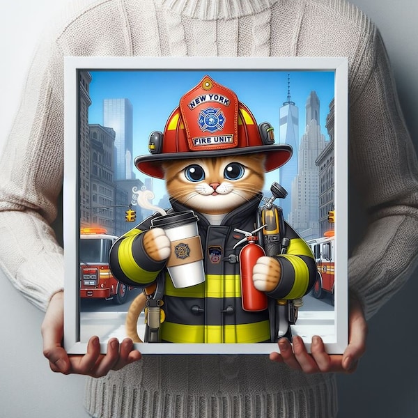 Cat Firefighter Digital Art, Wall Art,Firefighter Pet, kidsroom decor, Cat lover, Cat Art, Print Art, Birthday Gift, Digital Art Download