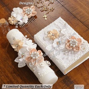 NEW Communion / Quince Bible Candle Set Champagne Primera Quince Blush Light Pink Bible Rosary Bible Quince Biblia Completa (SPANISH)