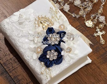 NEW Quinceañera Bible Navy Blue & Rosary, Wedding Bible and Rosary Biblia Quince con Rosario de Crystal, Blush, Royal Blue, Blue, Navy Blue