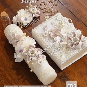 NEW Communion / Quince Bible Candle Set Champagne Primera Quince Blush Light Pink Bible Rosary Bible Quince Biblia Completa (SPANISH)