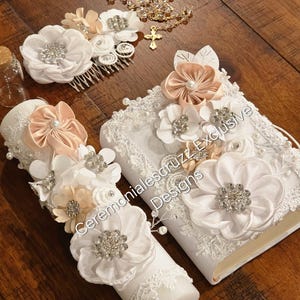 NEW Communion / Quince Bible Candle Set Champagne Primera Quince Blush Light Pink Bible Rosary Bible Quince Biblia Completa (SPANISH)