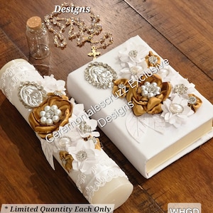 NEW Gold White Bible Candle Set Virgen Guadalupe, Biblia Burnt Orange, Quince Bible Rosary Bible Quince Biblia Completa (SPANISH)
