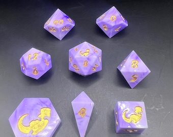 Enchanted Amethyst Swirl Resin Dice Set Handmade Purple & Gold Polyhedral Dice for DnD, TTRPG
