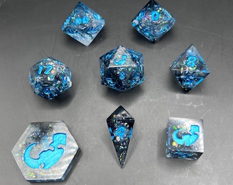 Celestial Abyss Handmade Resin Dice Set – Shimmering Blue Galaxy Dice for TTRPG, D&D, Pathfinder