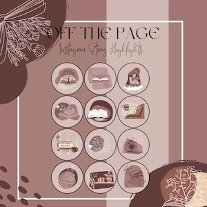 May include: A set of 12 Instagram story highlight covers featuring a brown and pink color scheme with illustrations of books, flowers, and other reading-related imagery. The text "OFF THE PAGE Instagram Story Highlights" is at the top of the image.