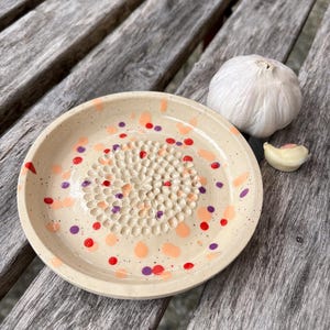 Könnte beinhalten: Ein runder Reibeteller aus Keramik mit gesprenkelter cremefarbener Oberfläche, der in der Mitte einen texturierten Bereich zum Reiben und ein dekoratives Muster aus kleinen roten, orangen und violetten Punkten aufweist. Eine Knoblauchknolle und eine Zehe liegen daneben.