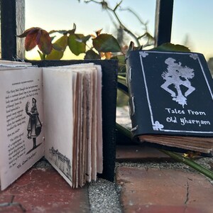 May include: Two small, leather-bound books with silver lettering. The book on the left is open to a page with a black and white illustration of a girl in a dress. The book on the right has the title "Tales From Old Yharnam" on the cover.