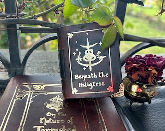 Mini Elden Ring Grimoire, Handbound, Leather, Tea-Stained Paper with Illustrations. Approx A8, 2x3 inches