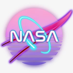 May include: A retro-style NASA logo design. The logo features the word "NASA" in white, outlined in a vibrant blue, set against a pink and purple gradient background. A stylized swoosh and orbital lines add to the design.
