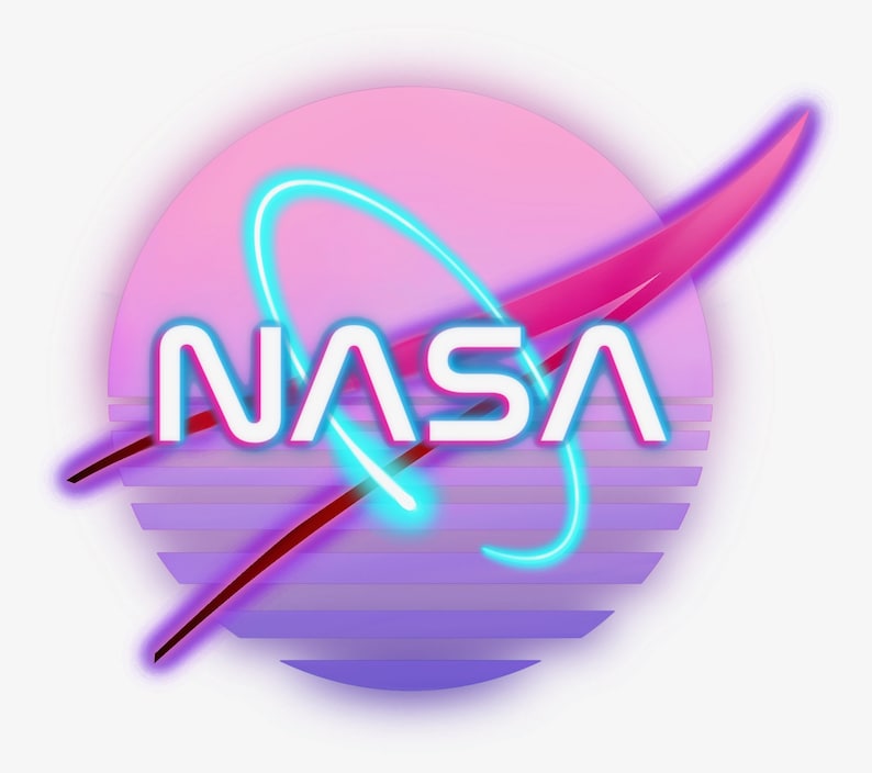 May include: A retro-style NASA logo design. The logo features the word "NASA" in white, outlined in a vibrant blue, set against a pink and purple gradient background. A stylized swoosh and orbital lines add to the design.