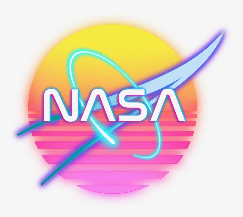May include: Retro-style NASA logo with a vibrant color scheme. The design features the NASA text in white, overlaid on a gradient background of yellow, orange, pink, and purple. The logo includes a stylized blue and teal arc.