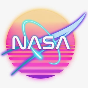 May include: A retro-style NASA logo design. The logo features the word "NASA" in white, set against a vibrant backdrop of a pink and purple striped circle with a yellow and orange gradient at the top. A blue and teal swoosh and curved lines complete the design.