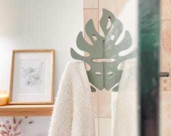 Gancho para toallas con forma de hoja de monstera – Decoración de baño estilo boho impresa en 3D, color personalizado disponible.