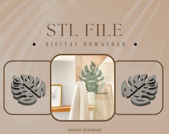 Gancho para toallas con forma de hoja de monstera / Archivo STL para impresión 3D (Descarga digital)