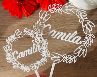 Adorno para tarta con guirnalda floral personalizada y nombre: decoración para tarta elegante y minimalista