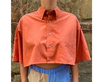 Vintage Olympia Crop Shirt Orange - Mens Shirt - Reworked - Upcycling - Weites Hemd - Oversized - Boxy - Nachhaltig - Short Sleeve - Top