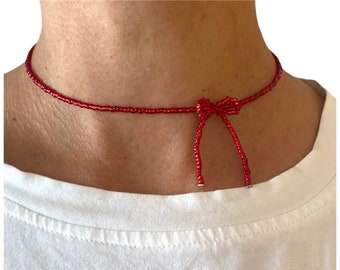 Bow Necklace Red - Pearl Bow Necklace - Pearl Necklace - Bow Necklace - Bead Ribbon Necklace - Playful - Romantic - Chic