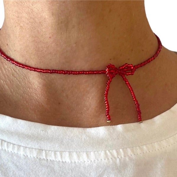 Collier Noeud Rouge - Collier Noeud Perle - Collier Perles - Collier Noeud - Collier Ruban Perle - Ludique - Romantique - Chic