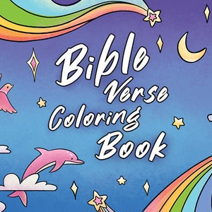 Könnte beinhalten: Eine bunte Illustration mit einem Regenbogen, Sternen, Wolken, einem Delfin und einem Vogel. Der Text "Bible Verse Coloring Book" ist in einer verspielten Schriftart geschrieben.