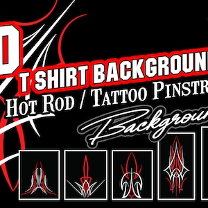 Op de afbeelding: Tien T-shirt achtergronden: Hot Rod / Tattoo Pinstripe achtergronden. Een digitale download van tien pinstripe-ontwerpen in zwart-wit met rode accenten.