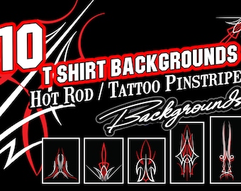 May include: Ten T-shirt Backgrounds: Hot Rod / Tattoo Pinstripe Backgrounds. A digital download of ten pinstripe designs in black and white with red accents.