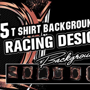 May include: Five racing-themed t-shirt background designs with a copper and black colour scheme. The designs feature geometric shapes and a honeycomb pattern. The text "5 T SHIRT BACKGROUNDS RACING DESIGN" is displayed in white.
