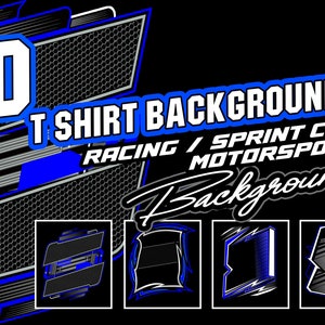Op de afbeelding: Tien T-shirt-achtergronden voor race- en motorsport. De achtergronden hebben een blauw en zwart kleurenschema met een geruit patroon en race strepen. De tekst "T-shirt Backgrounds" staat in witte letters op een blauwe achtergrond. De tekst "Racing / Sprint Car Motorsport" staat in witte letters op een zwarte achtergrond. De tekst "Backgrounds" staat in witte letters op een grijze achtergrond.