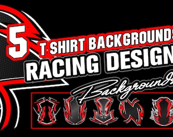 May include: Five racing-themed t-shirt background designs. The designs feature black and red color schemes with stylized flames, lightning bolts, and other graphic elements.